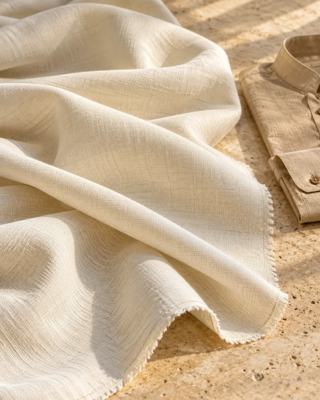Fabric illustration: ivory cloth folds and a sand-coloured kurta cuff on a stone table