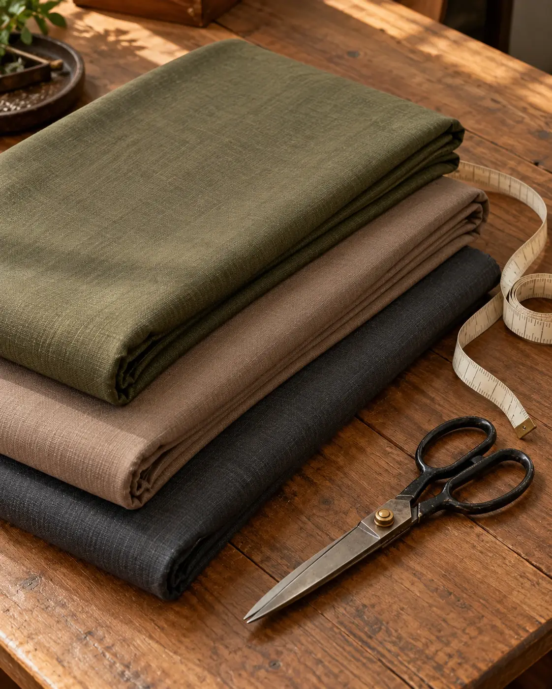 Fabric illustration: olive, taupe and charcoal cloth lengths with a measuring tape and tailor’s shears