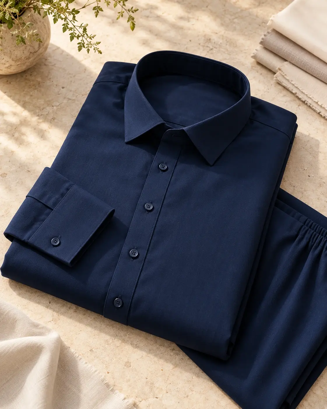 Style illustration: a folded navy kameez showing its classic collar, buttons and cuff