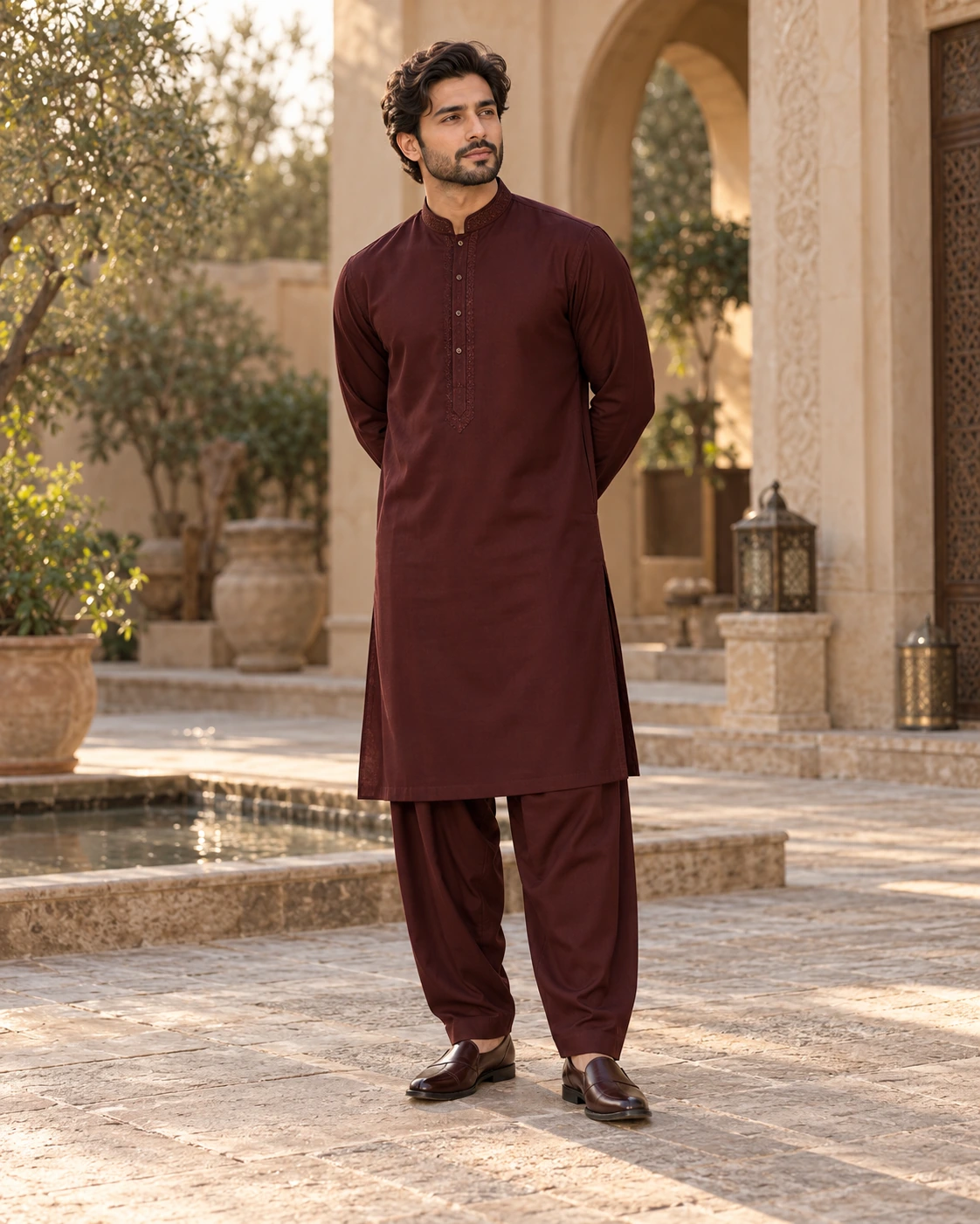 Style illustration: a deep maroon festive kurta with subtle detailing