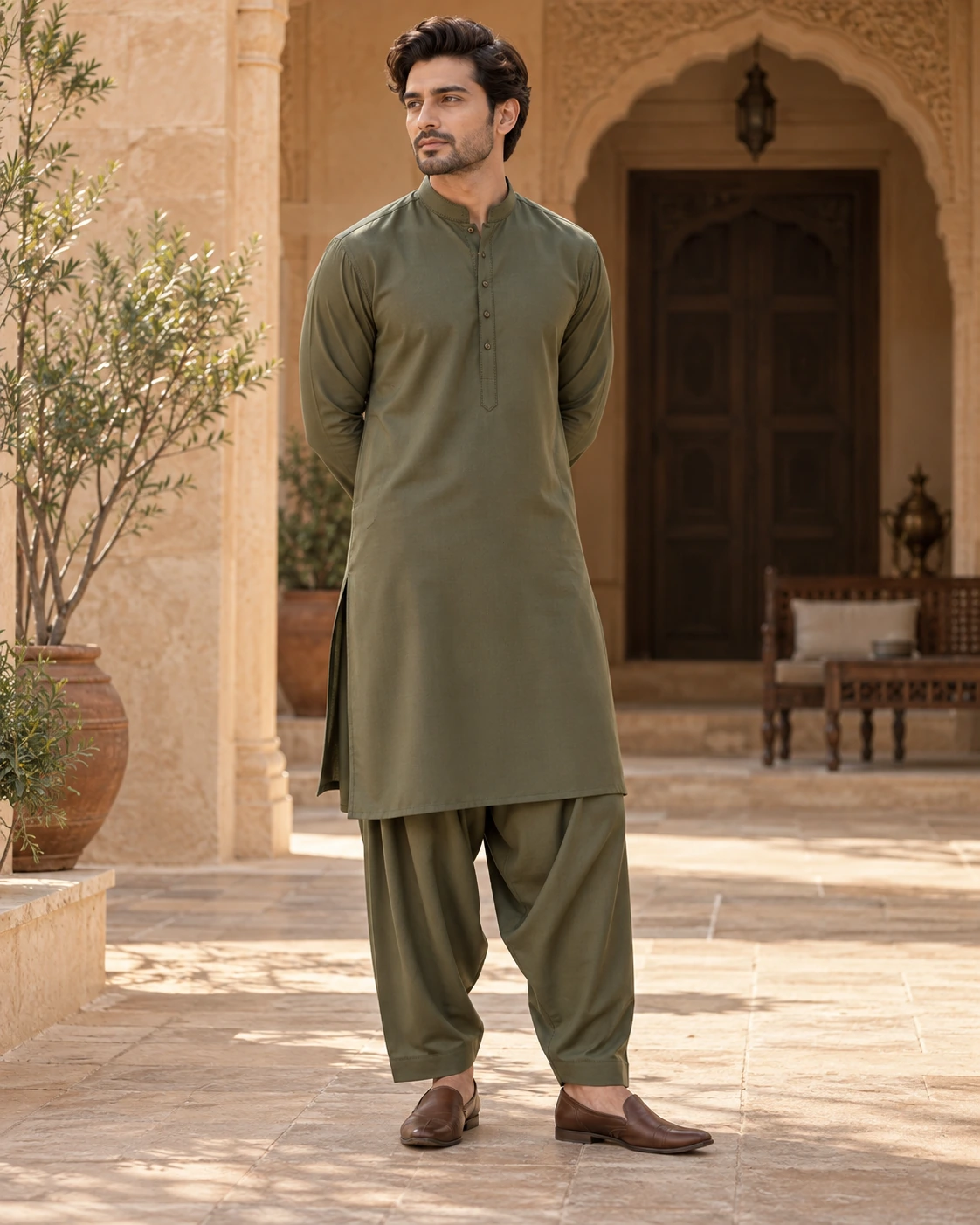 Style illustration: an olive band-collar kurta