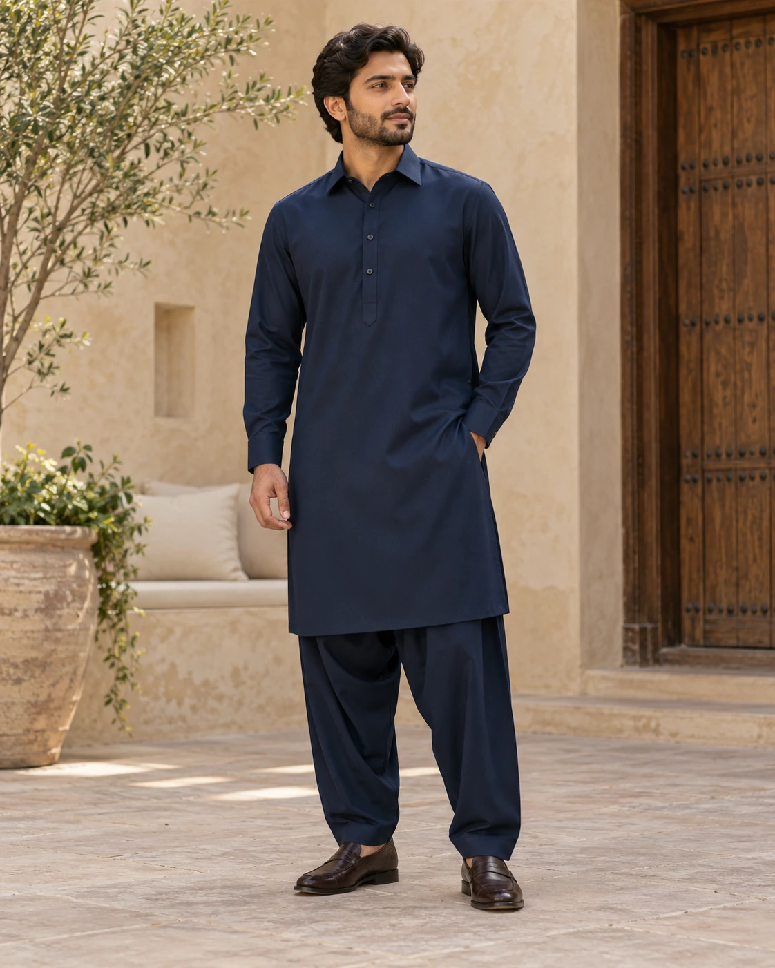 Style illustration: a navy shalwar kameez with a classic collar