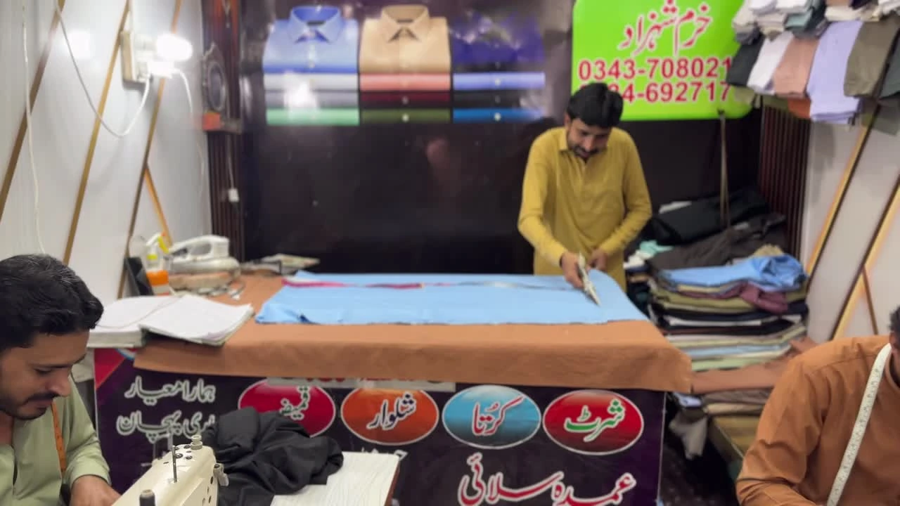 Inside the Shahzad Tailors shop in Kot Addu, from our original video