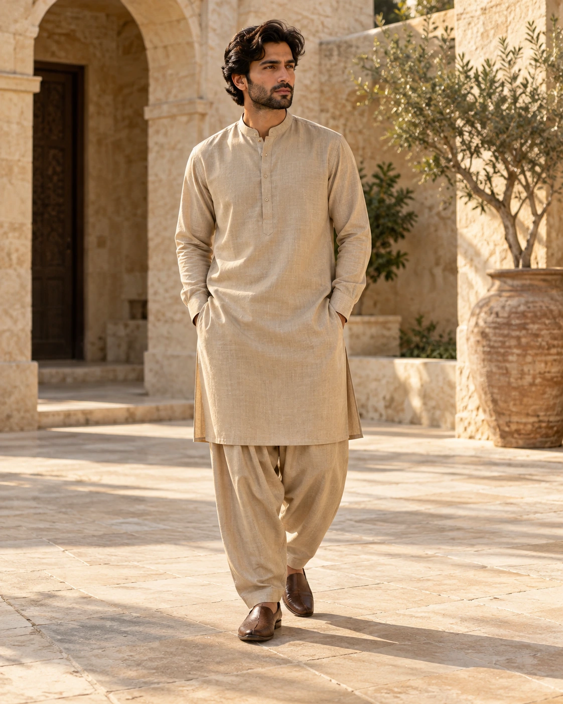Style illustration: a sand-coloured kurta in a courtyard